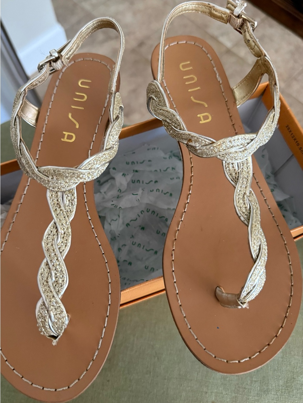 Unisa Metallic Gold Braided T-Strap Sandals